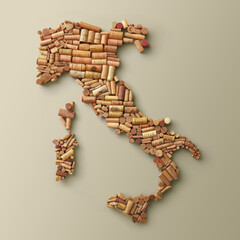Wine corks laid out in the shape of the borders of Italy