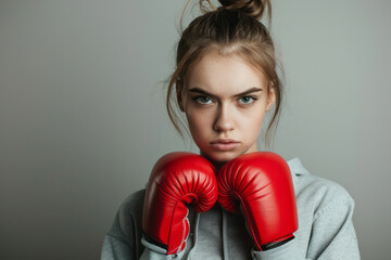 Serious young girl with red boxing gloves on gray background. Fight for women's rights concept.