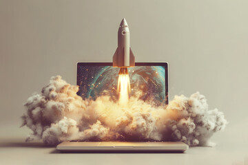 space rocket takes off from home laptop keyboard