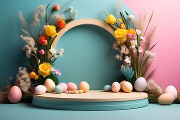 Easter background with pastel color eggs and spring flowers. Easter podium background 3d product egg spring happy flower display scene