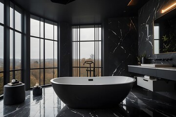 Fototapeta na wymiar Modern interior of a bathroom and marble bathtub