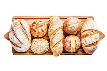 Bakery. Isolated various kinds of breadstuff. Bread rolls, baguette, sweet bun and croissant on wooden board on transparent background. Flat lay
