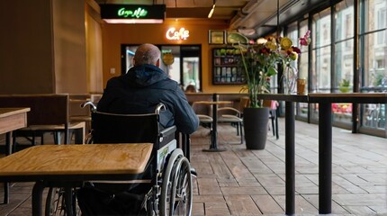 Obraz premium A man in a wheelchair meets with friends in a cafe or restaurant, an accessible environment for people with disabilities