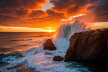 Waves collide with cliffs under blazing sky of setting sun 