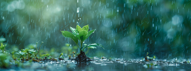 In the spring, a green plant sprouts from the ground in the rain