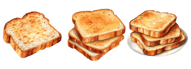  set of three toast bread clipart breakfast snack watercolor illustration on transparent background