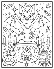 Cute creepy bat, cauldron, pumpkin, candles.Coloring book for children. Coloring book for adults. Halloween.