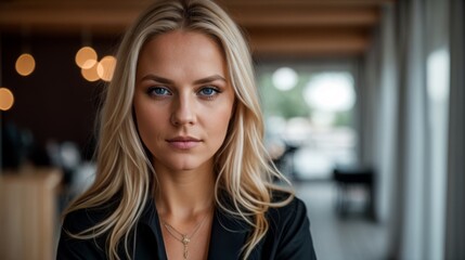 Fototapeta premium Woman with calm gaze, blue eyes, and blonde hair 