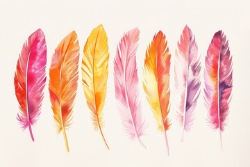 coloured feather in different colors in line