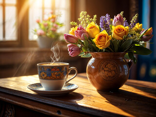 A cup of hot coffee is on the table. The room is illuminated by warm sunlight. There is a bouquet of flowers in a vase nearby, mostly yellow and pink tulips.