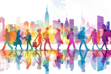people walking in silhouette with city skyline background illustration