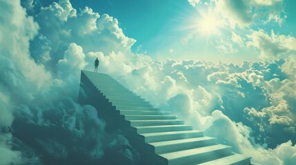 A person standing at the top of an endless staircase, looking down into heaven with clouds and sunshine. The stairs lead to the sky, symbolizing hope for people who have lost loved ones