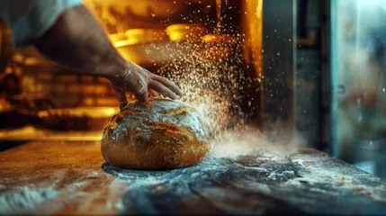 Crédence de cuisine en verre imprimé Pain close-up of a baker baking bread,  