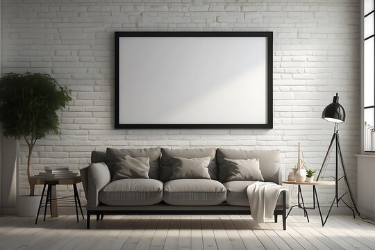 Interior of modern living room with white brick wall, sofa, coffee table and mock up poster frame