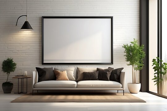 Interior of modern living room with white brick wall, sofa, coffee table and mock up poster frame