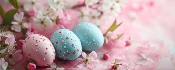 Naklejka na ściany i meble Easter eggs with flowers background.