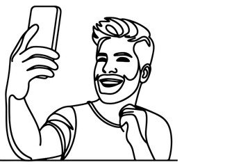 continuous one black line art drawing cheerful young man holding smartphone to taking acting selfie or video call through mobile phone outline doodle vector family travel concept