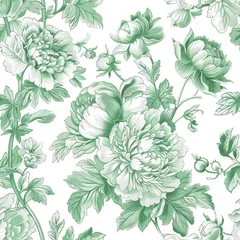 Gordijnen Peony Paradise. Pattern of Beautiful Light Green Peony Flowers, Radiating Freshness and Elegance. © EMRAN