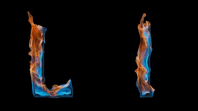3D letter L appears by fire. Flame, covering the letter, dances bright shades of red and blue. Uppercase and lowercase fiery symbols. The file contains an Alpha Channel. ProRes4 RGBA