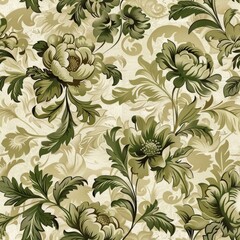 Natural Harmony. Floral Patterns in Olive Green and Sandy Beige, Evoking the Tranquility and Serenity of Nature.