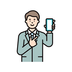 スマホを持って指をさすスーツを着た男性のビジネスパーソンのイラスト素材