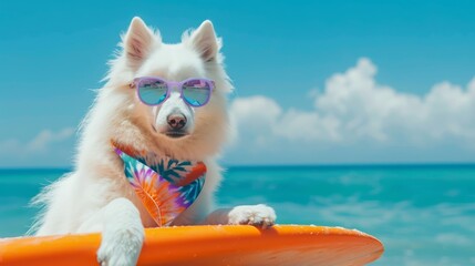 Samoyed on a surfboard wearing sunglasses and a tie-dye bandana, with clear blue sky and ocean in the background.