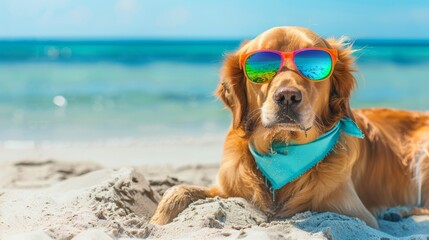 Golden Retriever lying on sand with reflective sunglasses and a light blue bandana, beach and ocean behind.