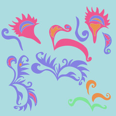 Cartoon  colored leaves with spirals, ellipses. Hand drawn.