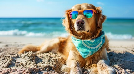 Golden Retriever lying on the beach with reflective sunglasses, turquoise bandana, and the ocean in...