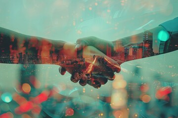 Close-up of abstract handshake with digital pattern on a modern city background. Teamwork, business partnership and innovation concept. Double exposure effect.