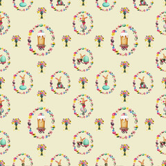 Happy Easter greeting card or poster with seamless pattern with spring Easter motifs
