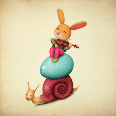 Happy Easter greeting card or poster with cute bunny who plays the violin, sitting on an Easter egg, rides on a snail.