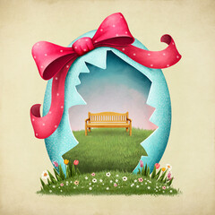 Happy Easter greeting card or poster with  Easter egg with bow and green landscape. 