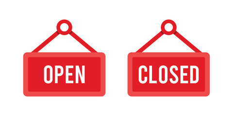 open and closed hanging board signage for restaurants and shops flat vector design