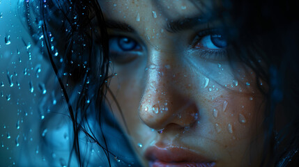Woman with blue eyes and water droplets on her face. - obrazy, fototapety, plakaty