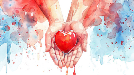  hands holding red blood heart, blood donation, world blood cancer day, leukemia , 28 may, world hemophilia day , 17 april , awareness of blood cancer , september month  - obrazy, fototapety, plakaty