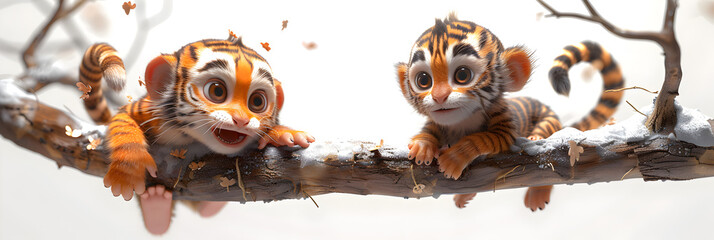 A 3D animated cartoon render of a playful baby monkey swinging from a tree branch with a mischievous tiger cub. - obrazy, fototapety, plakaty