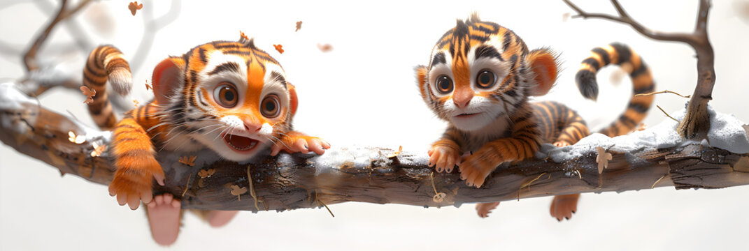 A 3D animated cartoon render of a playful baby monkey swinging from a tree branch with a mischievous tiger cub.