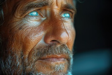 An elderly man with a beard and bright blue eyes staring into the distance. The light in his eyes appears to be glowing.