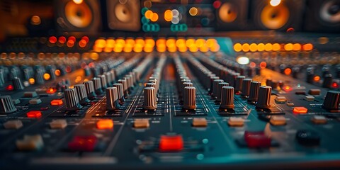 Mixing Console: Essential Equipment for Professional Music Studios in Live Streaming Sessions. Concept Music Production, Live Streaming, Professional Equipment, Studio Essentials, Mixing Console