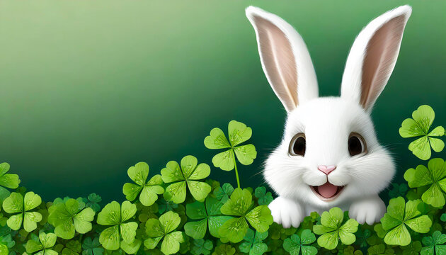 Cute smiling white bunny rabbit peeking behind a field of clovers, St Patrick's day, spring concept, with text space