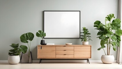 A minimalist living room design with a wooden sideboard, a small green plant, and a blank poster frame against a white wall Generative AI