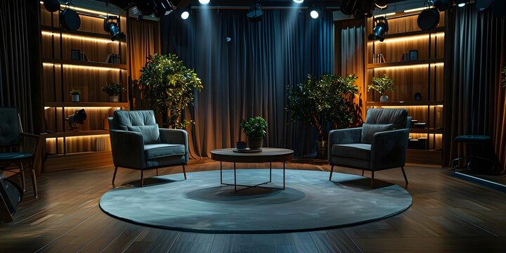 Deserted talk show set ready for filming silence echoes in the room. Concept Abandoned Set, Talk Show, Filming Ready, Silence, Echoes