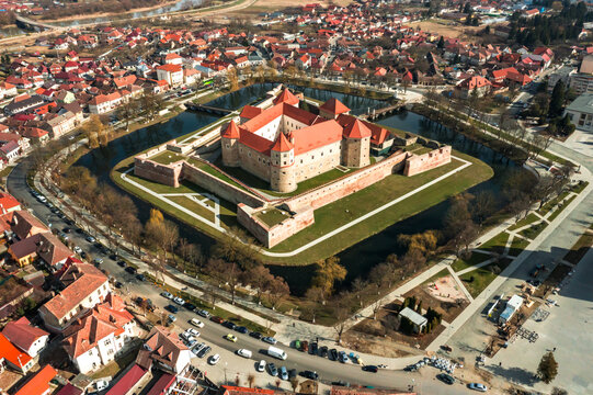 Aerial view with Fagaras Citadel Fortress in Romania