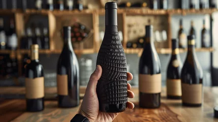 Fotobehang The photo captures a hand holding a uniquely textured wine bottle with a dark, patterned paper wrap, in sharp focus against a blurred backdrop of a wine cellar with rows of similar bottles. © victoriazarubina