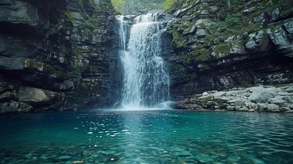 Foto op Plexiglas .A mesmerizing photo of a waterfall cascading into a crystal-clear pool © Samvel