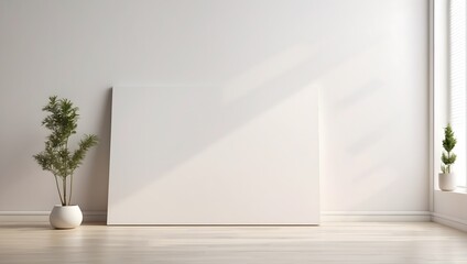A mockup of a blank art canvas positioned on a laminate floor leaning against a pristine white wall Generative AI - obrazy, fototapety, plakaty