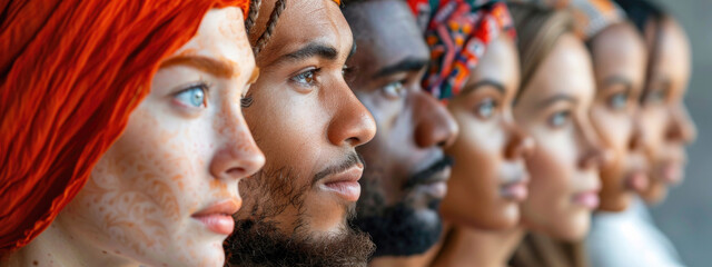 Profile of group of multiracial and multicultural people with seriously faces and a female face in foreground painted with Hemna. Diversity, equality, communities of the world. Generative Ai - obrazy, fototapety, plakaty