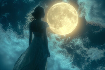 Woman stands in front of a large, glowing moon. The image has a dreamy, ethereal quality to it, with the woman's silhouette and the moon's luminous glow creating a sense of wonder and magic - obrazy, fototapety, plakaty