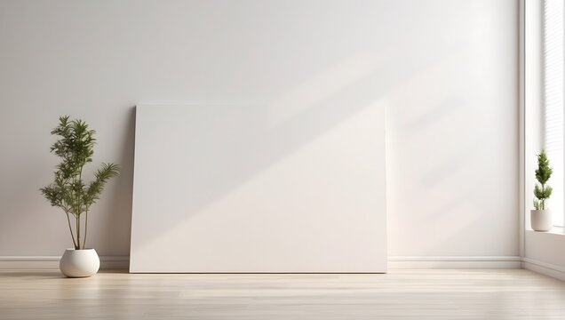 A mockup of a blank art canvas positioned on a laminate floor leaning against a pristine white wall Generative AI